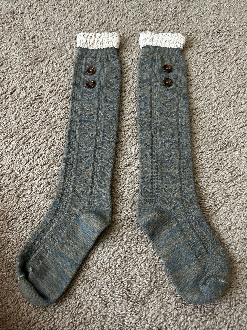 Knee-High Knit Socks with Button Detail - Gray with Cream Cuff